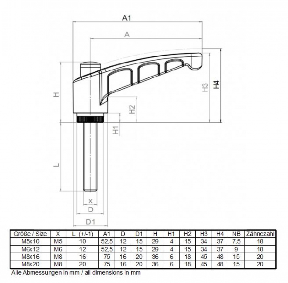 Palanca de apriete con rosca exterior M8x20 de plástico y acero 