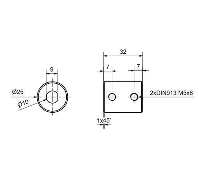 Shaft collar Aluminium for flat-milled shafts ⌀10mm, D25L32