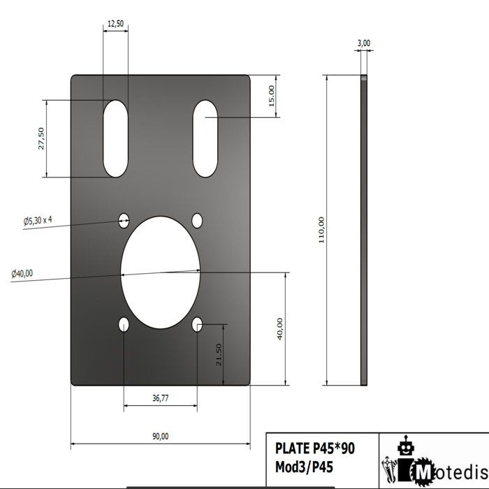 Placa soporte caja de cambios ZDE60 para perfil 45x90 Corte laser t=3mm